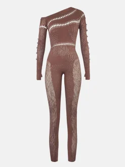 Ivy Long Rhinestone Jumpsuit Old Money Brown<Poster Girl Clearance