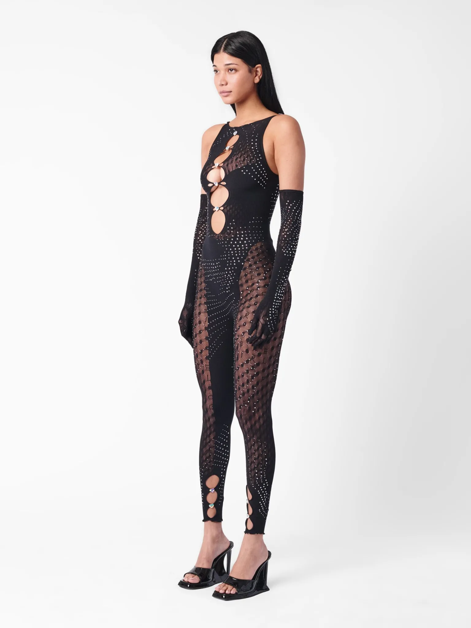 Rhinestoned Janice Jumpsuit X Gloves Set Jet Black<Poster Girl Outlet