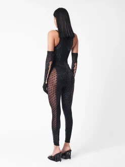 Rhinestoned Janice Jumpsuit X Gloves Set Jet Black<Poster Girl Outlet