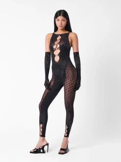 Rhinestoned Janice Jumpsuit X Gloves Set Jet Black<Poster Girl Outlet