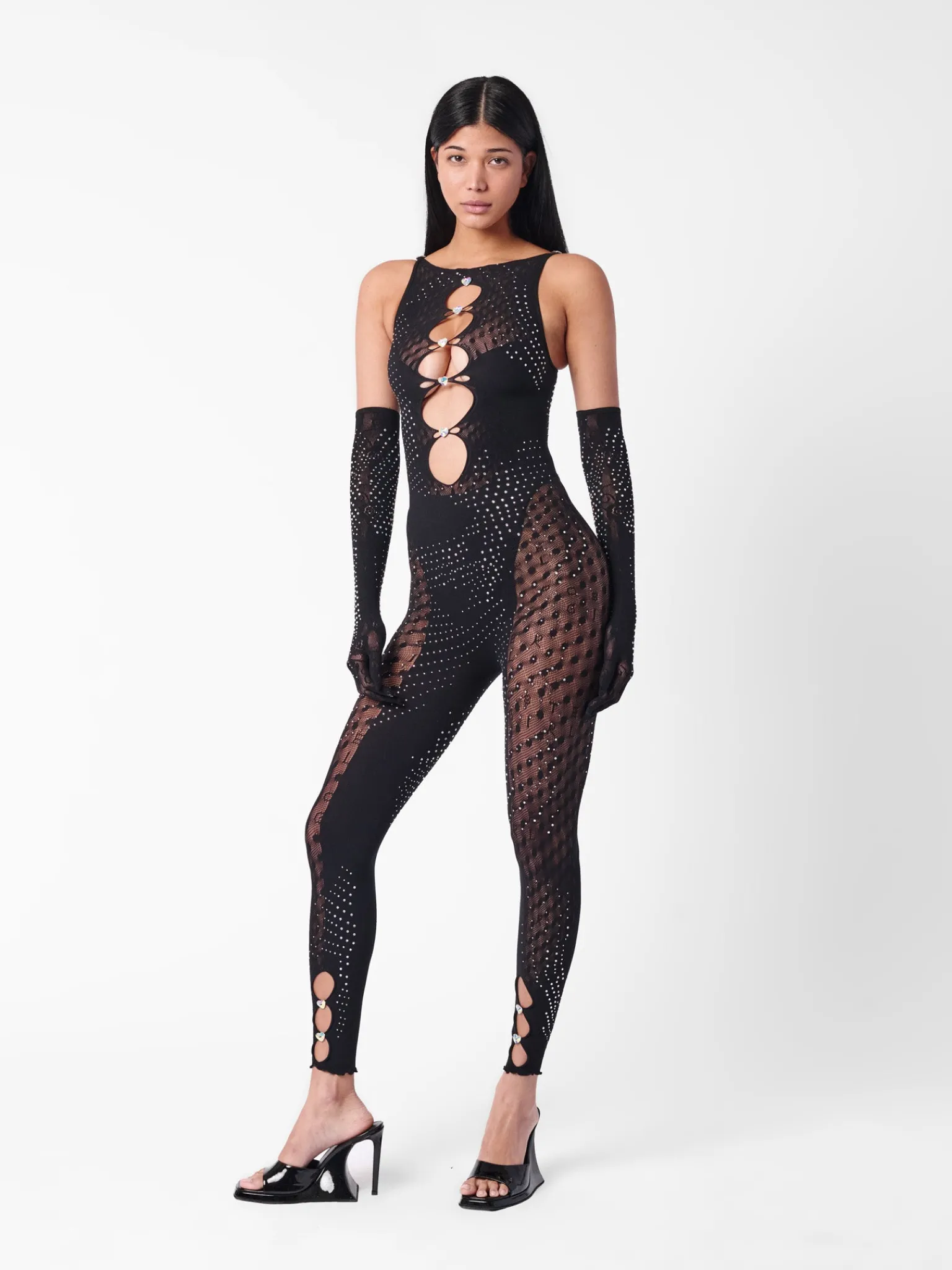 Rhinestoned Janice Jumpsuit X Gloves Set Jet Black<Poster Girl Outlet