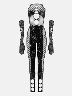 Rhinestoned Janice Jumpsuit X Gloves Set Jet Black<Poster Girl Outlet