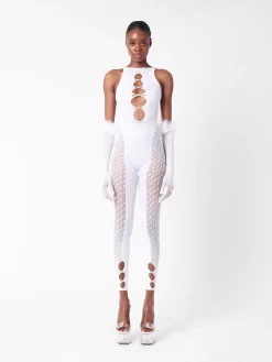Rhinestoned Janice Jumpsuit X Gloves Set Optic White<Poster Girl Discount