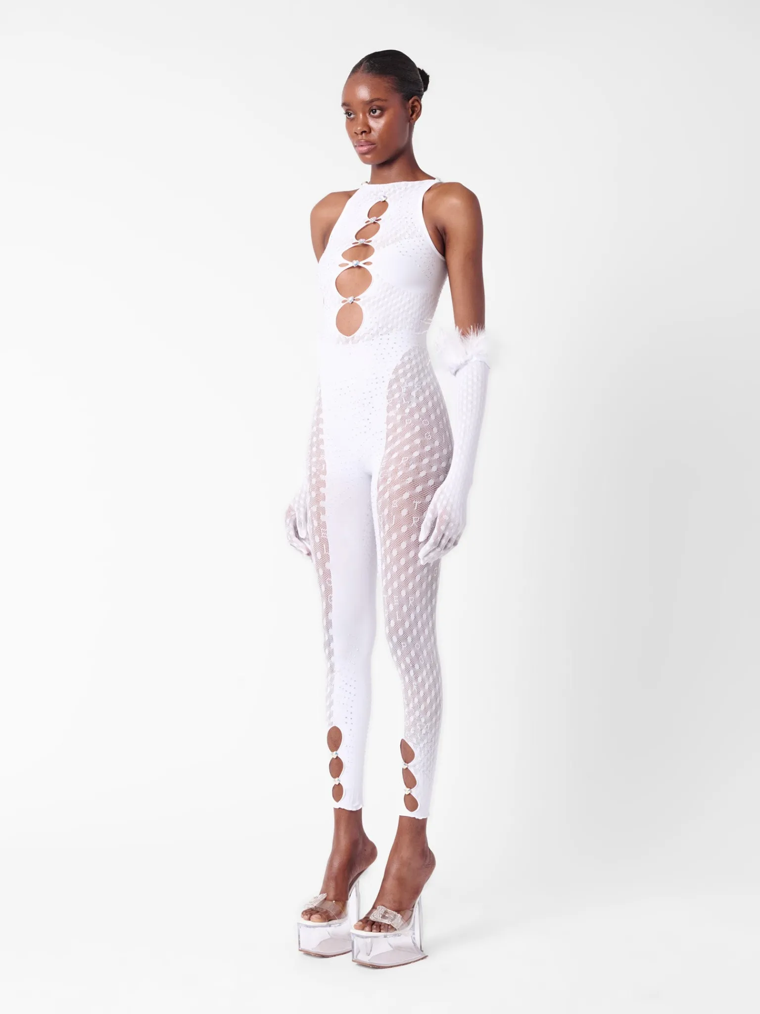 Rhinestoned Janice Jumpsuit X Gloves Set Optic White<Poster Girl Discount